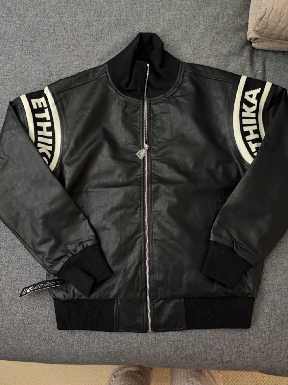 ethika Black Bomber Jacket with White Sleeve Stripe